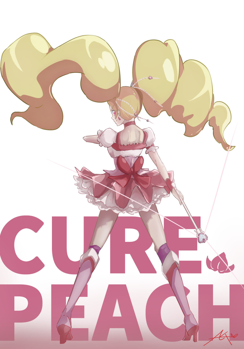1girl a_creaty_t absurdres artist_name blonde_hair boots character_name choker commentary_request cure_peach dress earrings eyelashes fresh_precure! frilled_dress frills gradient_background hair_ornament happy high_heel_boots high_heels highres jewelry long_hair looking_at_viewer magical_girl momozono_love pink_choker pink_dress pink_eyes precure puffy_short_sleeves puffy_sleeves short_sleeves signature smile solo standing twintails wand white_background wrist_cuffs