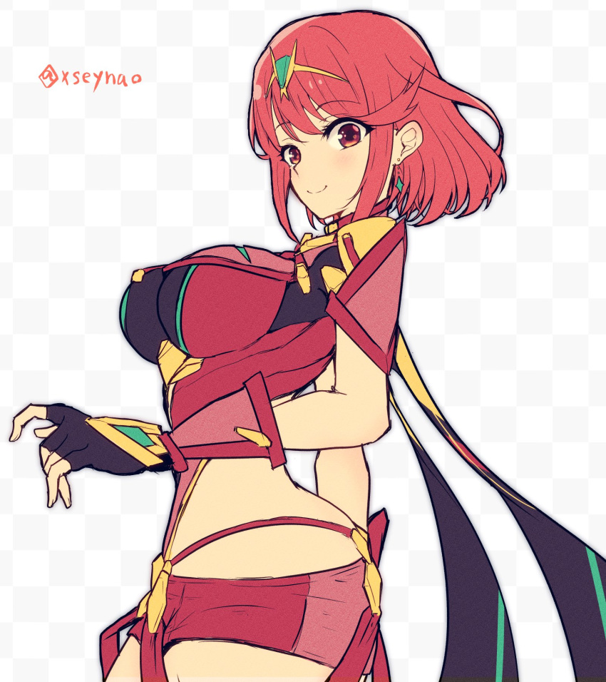 1girl ass backless_outfit bob_cut breasts chest_jewel drop_earrings earrings fingerless_gloves g-string gloves highres impossible_clothes jewelry large_breasts micro_shorts mochimochi_(xseynao) pyra_(xenoblade) red_eyes red_hair red_shorts short_shorts short_sleeves shorts skindentation solo swept_bangs thong tiara wide_hips xenoblade_chronicles_(series) xenoblade_chronicles_2