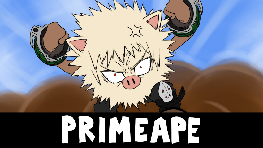 16:9 2020 alternate_species angry ape armor biped blonde_hair clothed clothing colored cross-popping_vein digital_drawing_(artwork) digital_media_(artwork) english_text ergomancy feral fur fusion gauntlets generation_1_pokemon gloves hair handwear haplorhine hi_res katsuki_bakugou looking_at_viewer male mammal mitten_hands mouthless my_hero_academia nintendo pig_nose pokemon pokemon_(species) primate primeape red_eyes shaded solo species_name spiky_fur spiky_hair standing text white_text widescreen