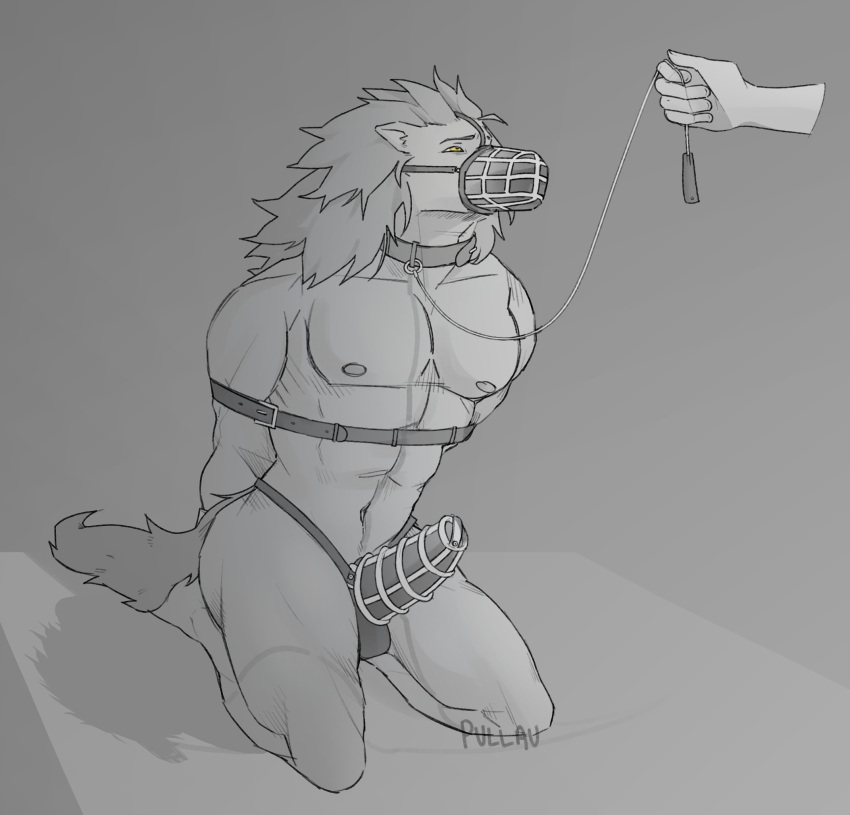 anthro black_and_white canid canine canis chastity_cage chastity_device collar domestic_dog hi_res hound_dog_(my_hero_academia) kinktober leash leashed_collar leashed_male male mammal monochrome muzzle_(object) petplay roleplay solo