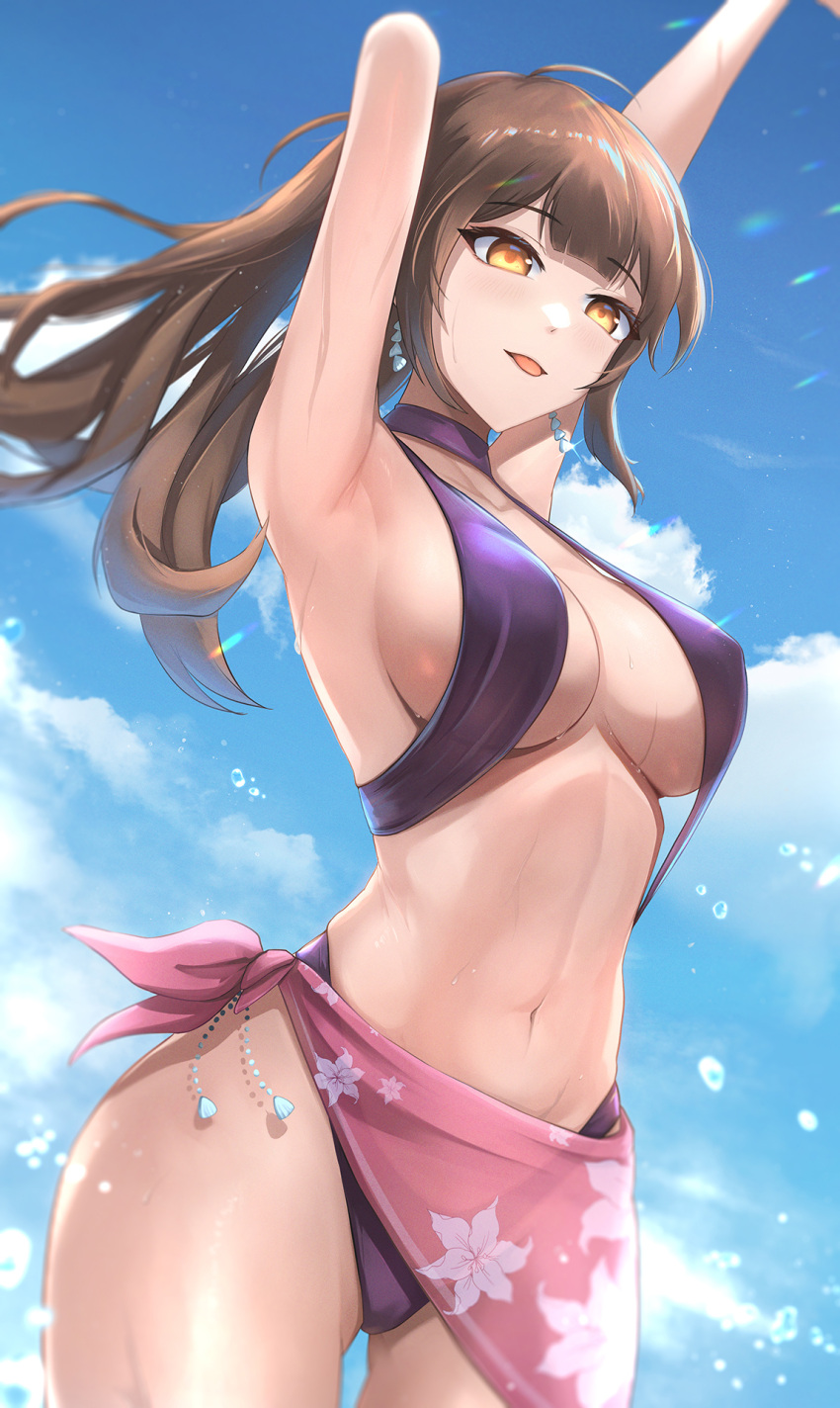 1girl armpits ass_visible_through_thighs bikini blunt_bangs breasts brown_hair cleavage covered_nipples cowboy_shot hands_up highres large_breasts long_hair looking_to_the_side navel open_mouth orange_eyes original ponytail purple_bikini sideboob sidelocks sky skyde_kei slingshot_swimsuit smile solo stretching swimsuit thigh_gap thighs wide_hips