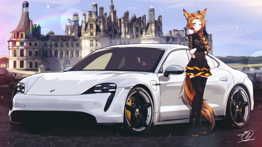 1girl absurdres animal_ear_fluff animal_ears arm_under_breasts black_footwear black_leotard black_skirt black_thighhighs boots braid breasts car commission english_commentary hair_ornament hair_over_shoulder highres lens_flare leotard long_sleeves looking_at_viewer medium_breasts mizzterbii motor_vehicle one_eye_closed original porsche porsche_taycan rainbow signature skirt smile solo sparkle standing tail thighhighs vehicle_focus
