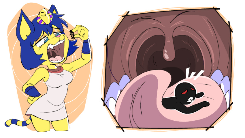 2023 animal_crossing ankha_(animal_crossing) anthro blue_hair clothing domestic_cat dress extreme_size_difference felid feline felis female female_pred fur hair larger_female lecigzz male mammal mouth_shot nintendo open_mouth size_difference tongue uvula vore yellow_body yellow_fur