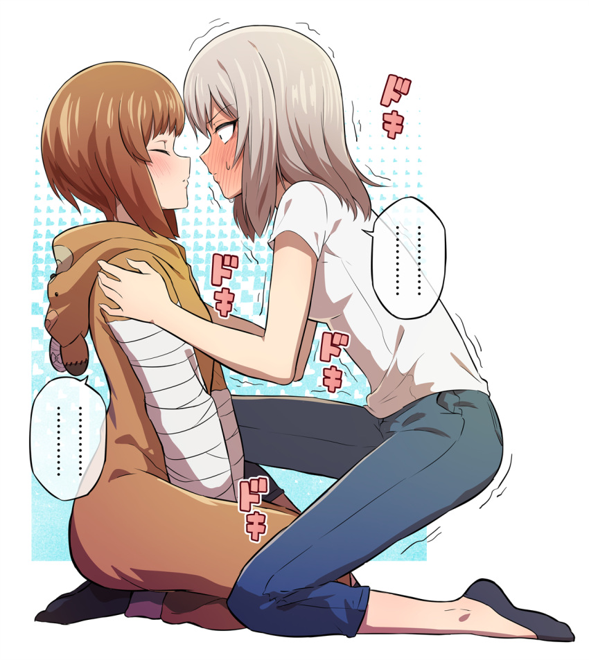 ... 2girls animal_hood bear_hood black_socks blue_pants blush boko_(girls_und_panzer) brown_hair casual commentary commission constricted_pupils from_side full-face_blush girls_und_panzer grey_hair hands_on_another's_shoulders highres hood hood_down imminent_kiss itsumi_erika kneeling looking_at_another medium_hair multiple_girls nishizumi_miho ogi_non on_one_knee onesie pants shirt short_hair short_sleeves skeb_commission socks spoken_ellipsis t-shirt trembling white_shirt yuri