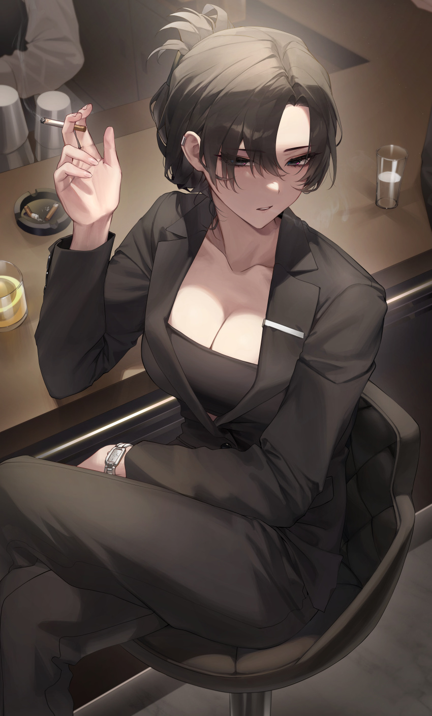 1girl absurdres ashtray bar_(place) bar_stool black_eyes black_pants black_suit black_tube_top breasts cigarette cleavage collarbone commentary crossed_legs cup drinking_glass feet_out_of_frame highres holding holding_cigarette large_breasts looking_at_viewer original pants parted_bangs sabotensuteeki shirt sitting solo stool strapless suit tube_top watch white_shirt wristwatch