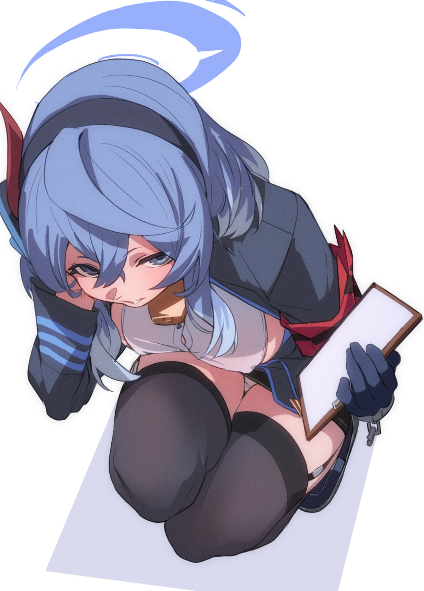 1girl ako_(blue_archive) armband bell black_gloves black_hairband black_thighhighs blue_archive blue_eyes blue_hair breasts clipboard covered_nipples from_above fu-ta gloves hair_between_eyes hairband halo highres holding holding_clipboard large_breasts long_hair long_sleeves looking_at_viewer looking_up neck_bell panties sideboob solo squatting thighhighs thighs underwear white_background white_panties