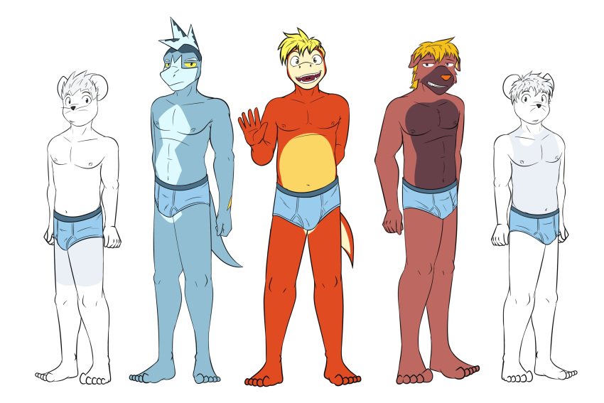 anthro anthrofied arctibax blue_briefs blue_clothing blue_underwear briefs briefs_only bulge clothed clothing fuecoco fuze generation_9_pokemon group hi_res male maschiff navel nintendo nipples pokemon pokemon_(species) pokemorph simple_background tandemaus topless underwear underwear_only white_background