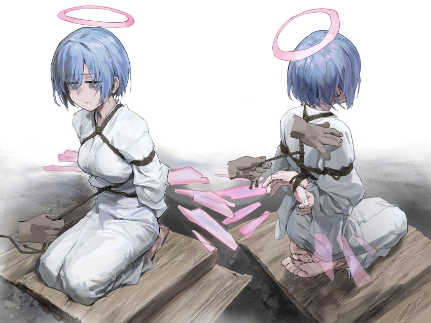 1girl a_tea arknights arms_behind_back bdsm blue_hair bondage bound breasts detached_wings disembodied_limb energy_wings full_body halo highres how_to japanese_clothes looking_at_viewer medium_breasts multiple_views seiza shibari short_hair sitting spuria_(arknights) wings yellow_eyes