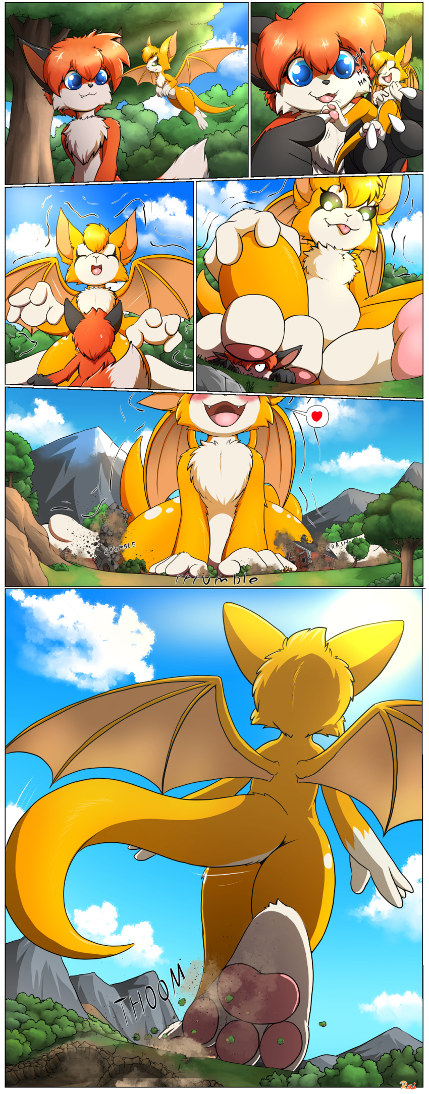 &lt;3 2023 absurd_res anthro bat belly building building_destruction chest_tuft destruction digital_drawing_(artwork) digital_media_(artwork) dust:_an_elysian_tail ears_up eye_contact eyes_closed female fidget_(elysian_tail) growth hi_res kneeling looking_at_another macro mammal mountain nimbat open_mouth orange_body outside plant rai_kun spread_wings stomping tickling tongue tongue_out tree tuft white_belly wings