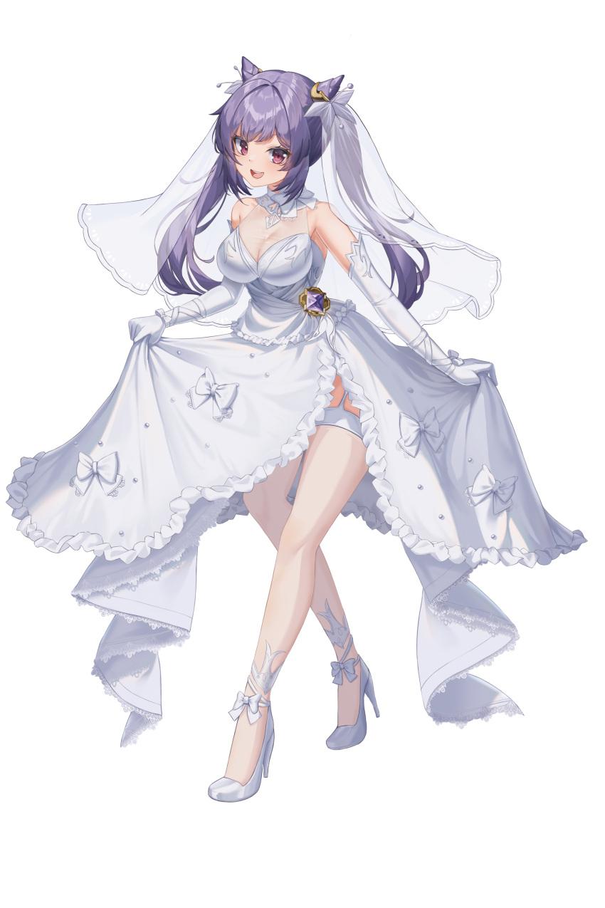 1girl absurdres bare_shoulders blush breasts bridal_veil bride cleavage cone_hair_bun double_bun dress elbow_gloves garter_straps genshin_impact gloves hair_bun hair_ornament haires high_heels highres keqing_(genshin_impact) long_hair looking_at_viewer medium_breasts purple_eyes purple_hair solo strapless strapless_dress thighhighs thighs twintails veil wedding_dress white_dress white_gloves