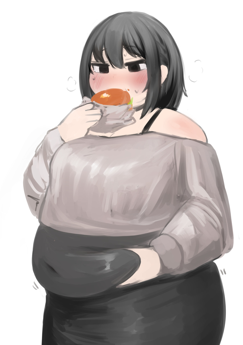 1girl absurdres belly_grab black_choker black_eyes black_skirt blush breasts burger choker cleavage collarbone covered_navel eating embarrassed fat food grey_shirt hair_behind_ear highres holding holding_food large_breasts looking_ahead nimo_(b45ui) obese off-shoulder_shirt off_shoulder original shirt short_hair skirt solo sweatdrop white_background