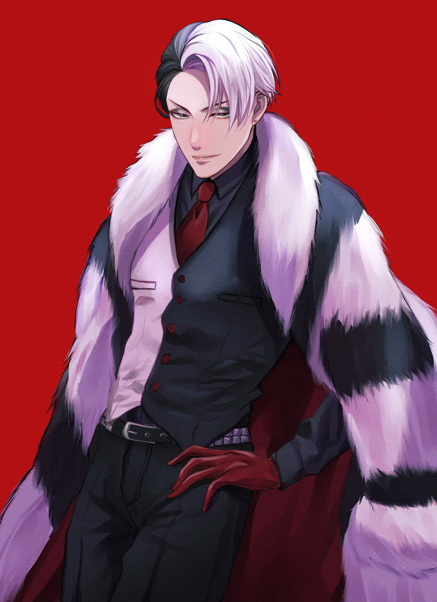 1boy black_hair black_pants black_shirt cowboy_shot divus_crewel earrings eyeshadow fur_coat fur_scarf gloves hand_on_own_hip highres jewelry looking_at_viewer makeup male_focus minatoya_mozuku multicolored_hair necktie pants red_background red_gloves red_necktie shirt short_hair solo standing stud_earrings twisted_wonderland two-tone_hair two-tone_vest vest white_hair