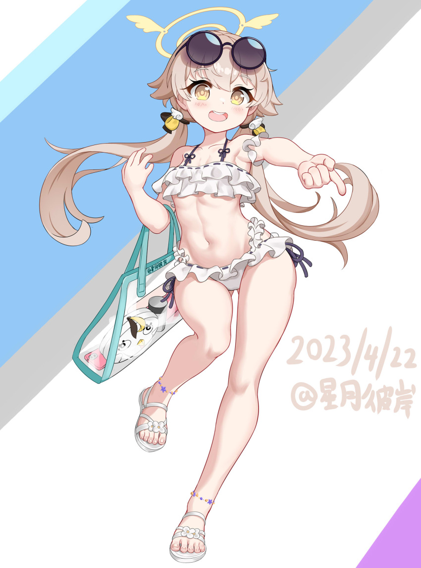 1girl :d anklet armpits bag bikini blue_archive collarbone commentary_request detached_sleeves eyewear_on_head frilled_bikini frills full_body hair_between_eyes halo handbag hifumi_(blue_archive) hifumi_(swimsuit)_(blue_archive) highres hoshitsuki_higan jewelry long_hair looking_at_viewer low_twintails navel official_alternate_costume peroro_(blue_archive) pointing pointing_at_viewer sandals see-through short_sleeves sidelocks simple_background smile solo spaghetti_strap standing standing_on_one_leg stomach sunglasses swimsuit twintails white_bikini wing_hair_ornament