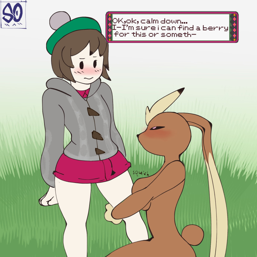 2023 anthro bottomwear breast_squish breasts brown_body brown_hair clothed clothed/nude clothed_female_nude_female clothing dialogue duo english_text female female/female female_on_anthro female_on_human generation_4_pokemon gloria_(pokemon) hair hat headgear headwear hi_res hoodie human human_on_anthro interspecies lagomorph leg_grab lopunny mammal nintendo nude pokemon pokemon_(species) pokephilia side_boob skirt souley69 squish text topwear