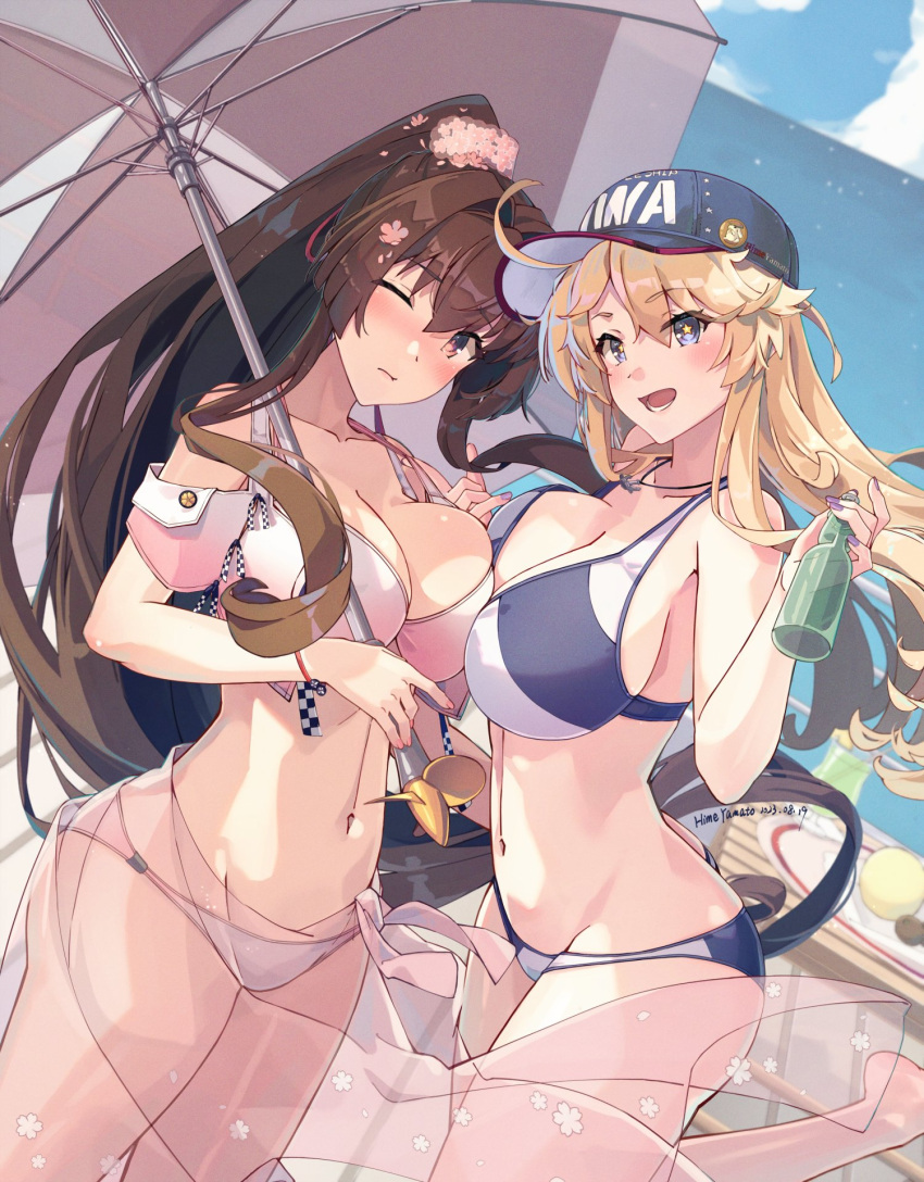 2girls baseball_cap bikini blonde_hair blue_bikini blue_eyes blue_headwear blue_sky bottle breast_press breasts brown_eyes brown_hair cherry_blossoms cloud dated day flower hair_between_eyes hair_flower hair_intakes hair_ornament hat highres himeyamato holding holding_bottle holding_umbrella iowa_(kancolle) kantai_collection large_breasts long_hair multicolored_umbrella multiple_girls navel ocean official_alternate_costume one_eye_closed open_mouth outdoors pink_bikini pink_umbrella ponytail ramune sidelocks sky star-shaped_pupils star_(symbol) swimsuit symbol-shaped_pupils two-tone_bikini umbrella very_long_hair white_bikini white_umbrella yamato_(kancolle) yamato_kai_ni_(kancolle)