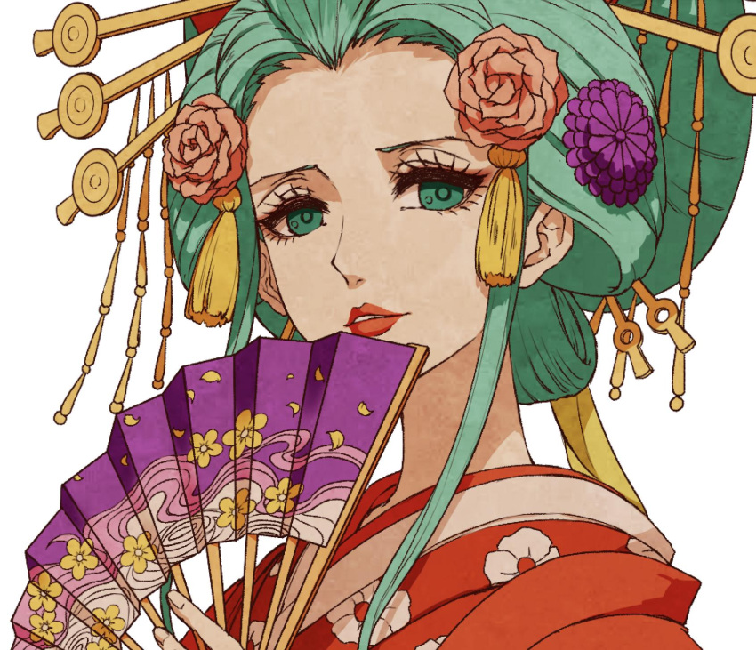 1girl akazu_kieshi commentary_request flower green_eyes green_hair hair_flower hair_ornament hair_stick hand_fan highres holding japanese_clothes kimono kouzuki_hiyori lipstick makeup nihongami oiran one_piece red_lips simple_background solo teeth traditional_clothes white_background