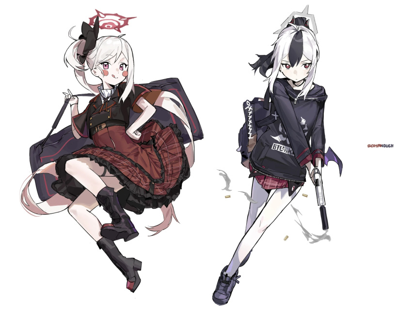2girls artist_name backpack bag black_footwear black_hair black_hoodie black_jacket blue_archive blush_stickers boots casing_ejection closed_mouth earrings full_body gohanduck gun halo high-waist_skirt highres holding holding_bag holding_gun holding_weapon hood hoodie horns jacket jewelry kayoko_(blue_archive) long_hair long_sleeves looking_at_viewer low_wings medium_hair miniskirt multicolored_hair multiple_girls mutsuki_(blue_archive) pantyhose pink_eyes pleated_skirt red_eyes red_skirt shell_casing shirt shoes short_sleeves side_ponytail simple_background single_wing skirt smoke smoking_gun stud_earrings suppressor thigh_strap tongue tongue_out two-tone_hair v-shaped_eyebrows very_long_hair weapon white_background white_hair white_pantyhose white_shirt wings
