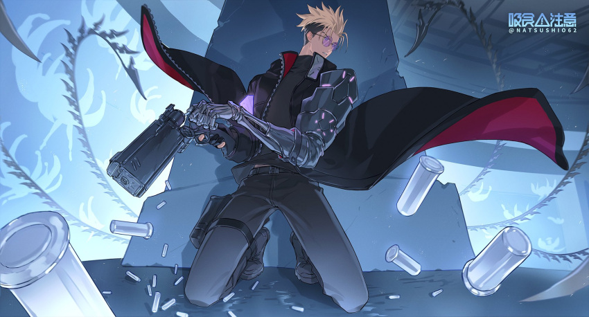 1boy black_coat black_footwear black_pants black_shirt blonde_hair blue_eyes coat floating_clothes from_below full_body gloves gun highres holding holding_gun holding_weapon long_coat looking_to_the_side male_focus natsushio_(x2i2a) pants parted_lips partially_fingerless_gloves prosthesis prosthetic_arm round_eyewear shell_casing shirt short_hair solo sunglasses thigh_strap trigun trigun_stampede turtleneck twitter_username undercut v-shaped_eyebrows vash_the_stampede weapon