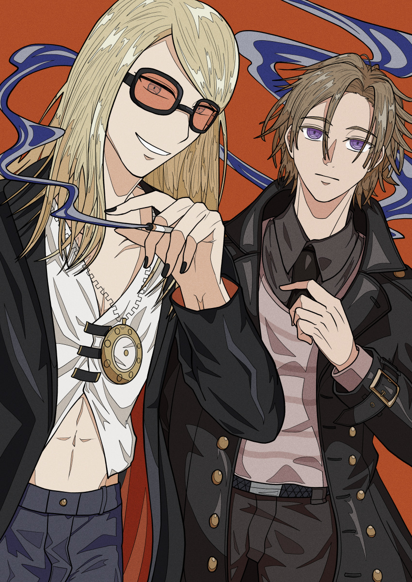 2boys absurdres black_jacket black_nails black_necktie black_pants blonde_hair cigarette daybit_sem_void fate/grand_order fate_(series) highres holding holding_cigarette jacket jewelry long_hair long_jacket looking_at_viewer male_focus medallion midriff midriff_peek multiple_boys necklace necktie open_clothes open_jacket orange-tinted_eyewear orange_background pants purple_eyes shirt short_hair simple_background smile smoke sunglasses tezcatlipoca_(fate) tinted_eyewear trench_coat white_shirt zun_arima