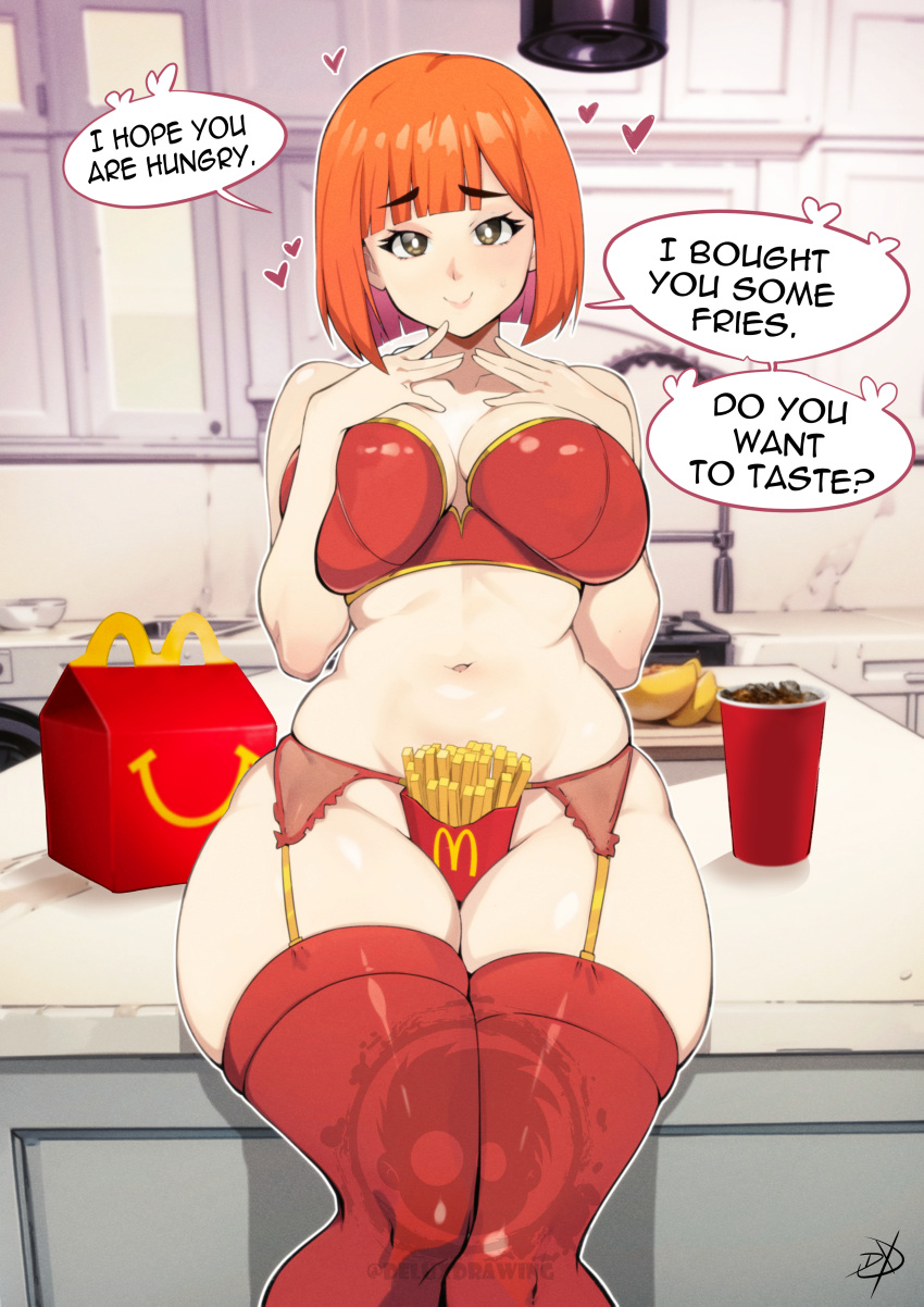 1girl absurdres alternate_breast_size between_thighs blunt_bangs blush bob_cut breasts bright_pupils brown_eyes cup curvy delux_drawings disposable_cup english_commentary english_text food french_fries groin heart highres kitchen large_breasts looking_at_viewer mature_female mcdonald's mother_(yoru_mac) navel no_panties orange_hair plump red_garter_belt red_thighhighs short_hair skindentation smile solo speech_bubble thick_thighs thighhighs thighs white_pupils wide_hips yoru_mac