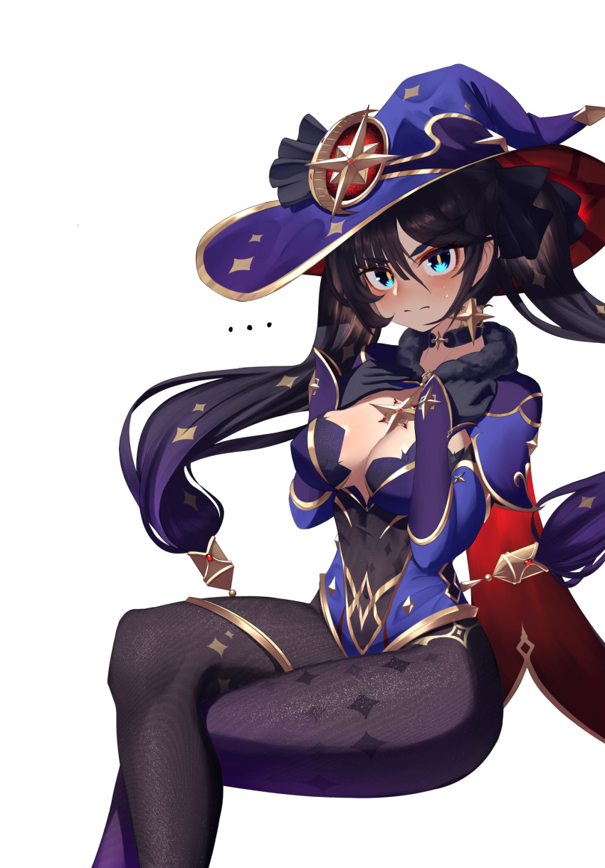 ... 1girl black_hair blue_eyes breasts cape cleavage covering covering_breasts crossed_legs genshin_impact hair_tie hat hat_ribbon highres leotard long_hair looking_at_viewer mona_(genshin_impact) nithros pantyhose red_cape ribbon sitting small_breasts solo twintails white_background witch_hat