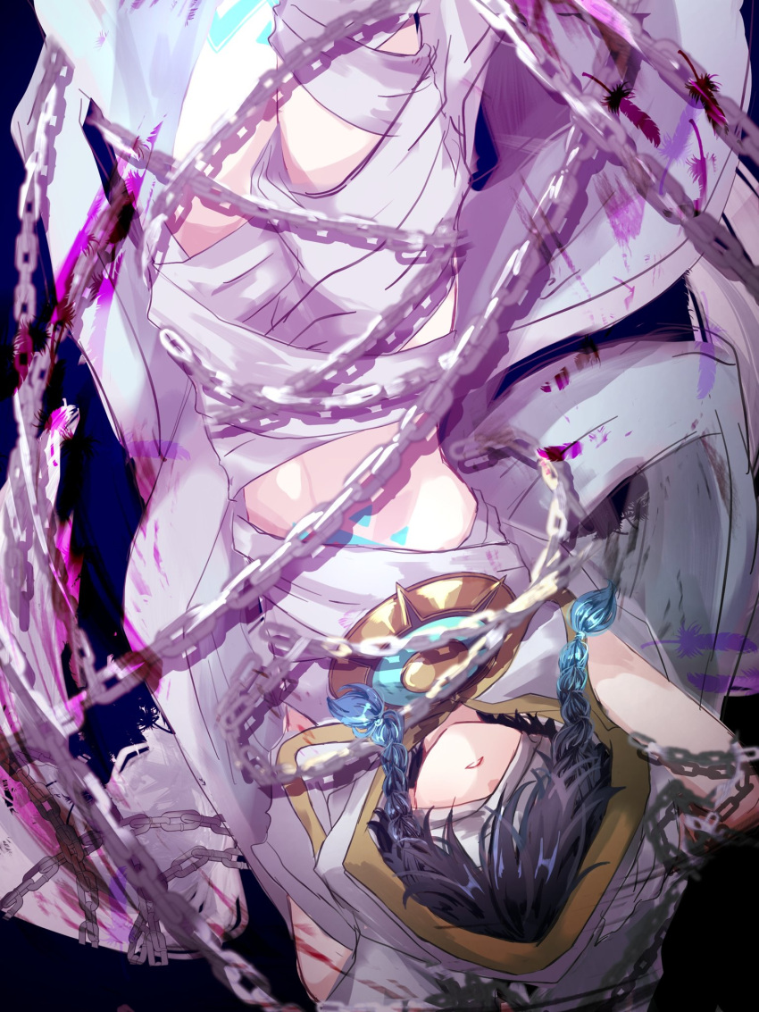 1boy androgynous aqua_hair bandages bandages_over_eyes black_background black_hair blue_background braid chest_tattoo fugusashi_(fgss2089) genshin_impact highres leg_tattoo low_twin_braids male_focus multicolored_background parted_lips solo tattoo twin_braids upside-down venti_(archon)_(genshin_impact) venti_(genshin_impact)