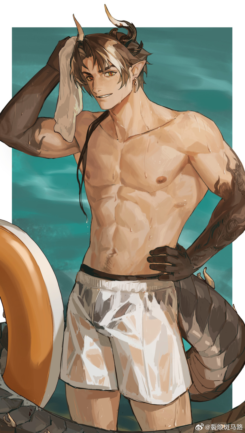 1boy abs absurdres aixiwuganda_(20222192) alternate_costume arknights bara black_hair black_male_swimwear brown_hair bulge chong_yue_(arknights) dragon_boy dragon_horns dragon_tail earrings feet_out_of_frame gradient_skin highres horns innertube jewelry large_pectorals long_hair looking_at_viewer male_focus male_swimwear multicolored_hair muscular muscular_male navel navel_hair nipples pectorals pointy_ears red_eyes see-through simple_background smile solo standing stomach streaked_hair swim_briefs swim_trunks tail thick_eyebrows topless_male two-tone_hair wet white_male_swimwear wiping