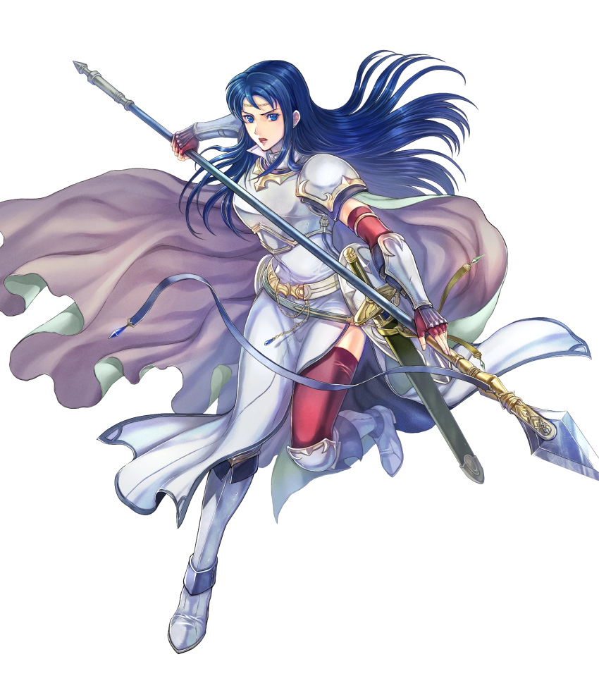 1girl armor blue_eyes blue_hair breastplate cape elbow_gloves fire_emblem fire_emblem:_the_blazing_blade fire_emblem_heroes gloves highres isadora_(fire_emblem) long_hair non-web_source official_art pelvic_curtain shoulder_armor solo sword takaya_tomohide vambraces weapon white_cape
