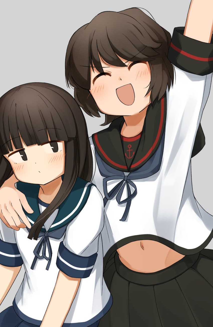 2girls black_hair black_sailor_collar black_skirt blue_neckerchief blue_sailor_collar blue_skirt blunt_bangs closed_eyes hatsuyuki_(kancolle) highres hime_cut kantai_collection long_hair looking_at_viewer miniskirt miyuki_(kancolle) miyuki_kai_ni_(kancolle) multiple_girls navel neckerchief pleated_skirt sailor_collar school_uniform serafuku shirt short_hair sidelocks skirt smile white_shirt white_skirt yotubawatane