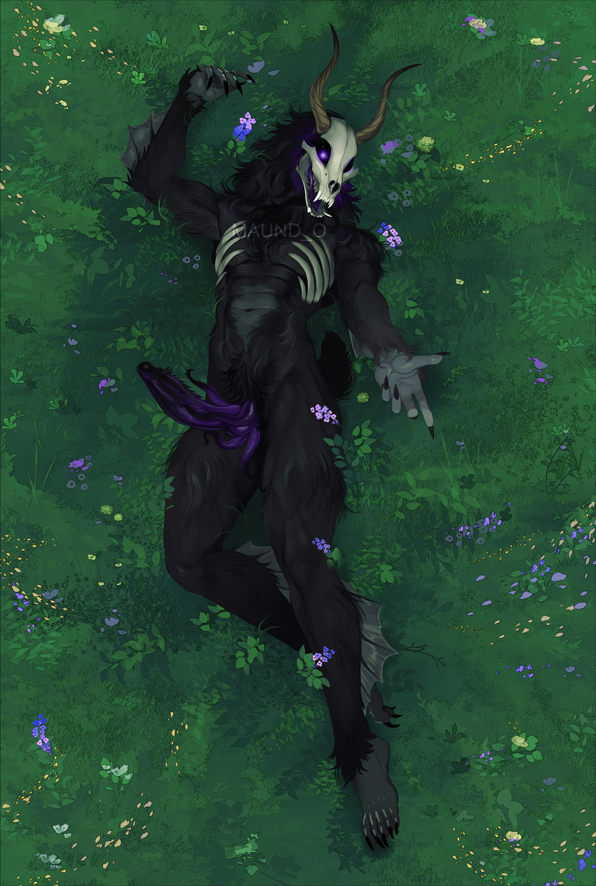 2022 2_horns absurd_res antelope anthro artist_name black_body black_fur bone bovid chest_tuft claws detailed_background duskwalker duskwalker_brides fangs finger_claws flower fur genitals glowing glowing_eyes grass grey_body grey_skin hi_res horn leg_frill lying male mammal maund_o membrane_(anatomy) navel official_art on_back opal_reyne_(writer) open_mouth orpheus_(duskwalker_brides) penis penis_tentacles plant pupils_only purple_eyes purple_penis rib_cage sharp_teeth skull skull_head solo teeth tentacles toe_claws tuft unusual_anatomy unusual_genitalia unusual_penis