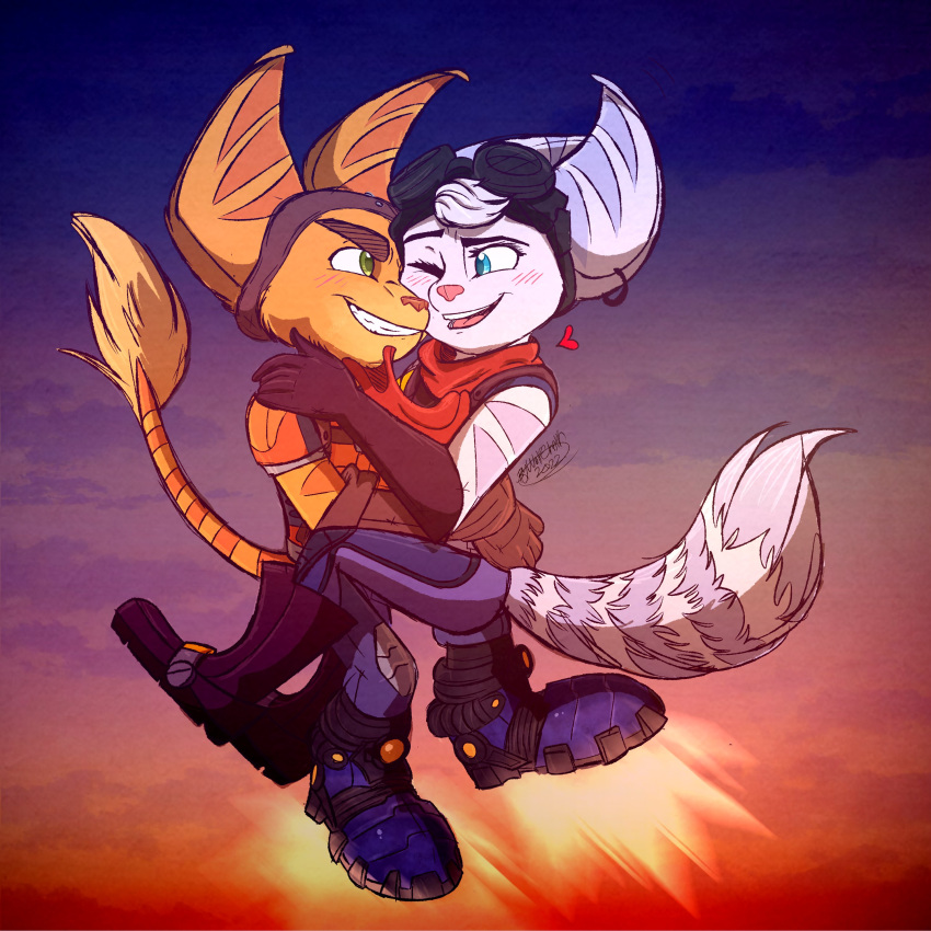 &lt;3 absurd_res blue_eyes blush clothing duo ear_piercing embrace eyewear eyewear_on_head female fluffy fluffy_tail flying fur gloves goggles goggles_on_head green_eyes handwear hi_res hug jet_pack love male male/female piercing ratchet ratchet_and_clank rivet_(ratchet_and_clank) robotic_arm romantic romantic_ambiance romantic_couple scarf smile smiling_at_another sony_corporation sony_interactive_entertainment sunset tail white_body white_fur wolfchalk yellow_body yellow_fur