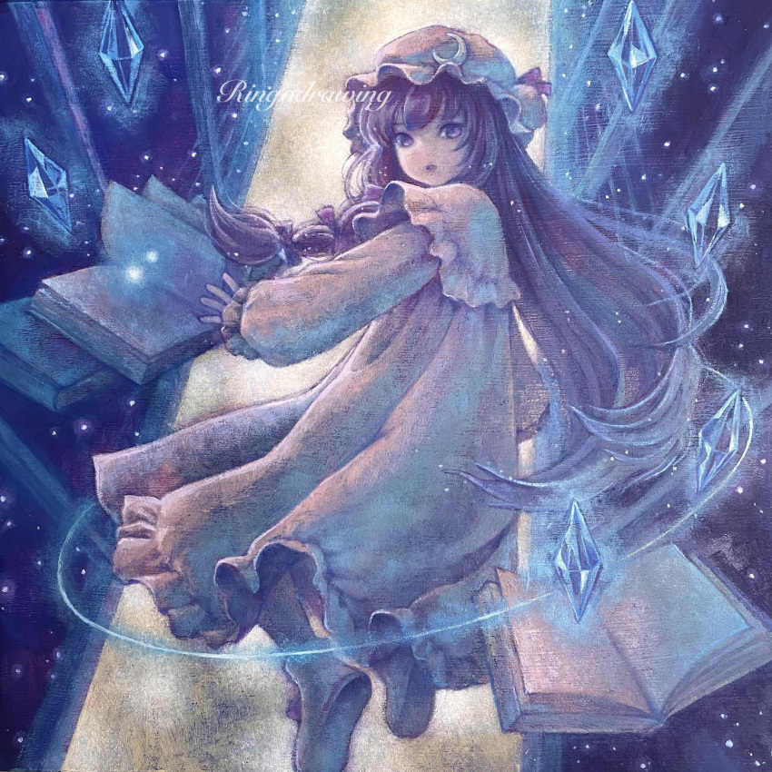 1girl blue_gemstone book bookshelf boots commentary_request crescent crescent_hat_ornament dress floating floating_book floating_object flying full_body gem hat hat_ornament highres long_hair looking_at_viewer mob_cap oil_painting_(medium) painting_(medium) patchouli_knowledge purple_eyes purple_hair ringodrawing solo touhou traditional_media very_long_hair