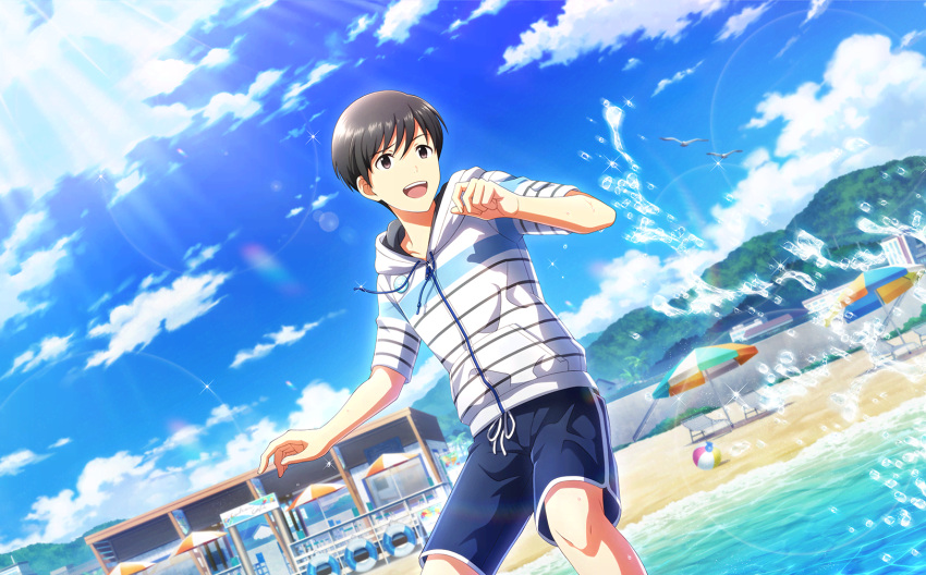 1boy beach black_eyes black_hair blue_sky fingernails fuyumi_jun highres idolmaster idolmaster_side-m idolmaster_side-m_live_on_stage! male_focus official_art open_mouth short_sleeves shorts sky teeth umbrella upper_teeth_only