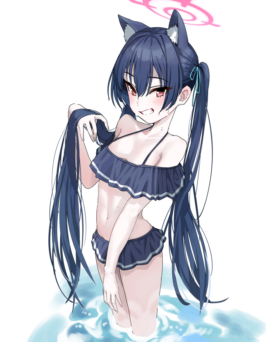 1girl absurdres animal_ear_fluff animal_ears bikini blue_archive blue_bikini blue_hair blue_ribbon blush breasts cat_ears commentary extra_ears frilled_bikini frills grin hair_ribbon halo halterneck hand_up highres lakudaken long_hair looking_at_viewer off-shoulder_bikini off_shoulder official_alternate_costume red_eyes red_halo ribbon serika_(blue_archive) serika_(swimsuit)_(blue_archive) simple_background small_breasts smile solo standing sweat swimsuit twintails very_long_hair wading white_background