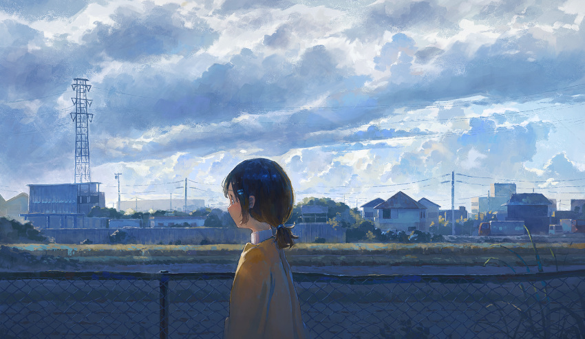 1girl black_hair building car cloud cloudy_sky day fjsmu hair_ornament hairclip highres long_sleeves motor_vehicle original outdoors profile shirt short_hair short_ponytail sky solo truck upper_body yellow_shirt