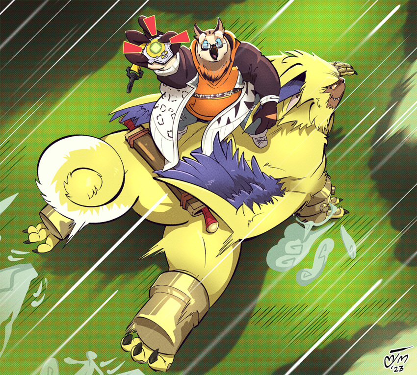 anthro avian bandai_namco beak bird brown_body brown_feathers claws curled_tail digimon digivice duo eyewear feathers feral fur glasses johnnythecheesy lamortmon male monster owl riding running size_difference smile tail wings yellow_body yellow_fur