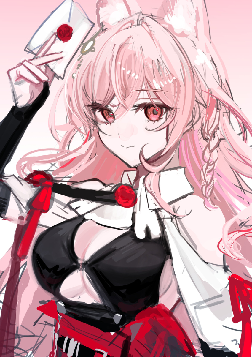 1girl aizuki_sui animal_ear_fluff animal_ears arknights arm_up black_bra black_gloves bra braid breasts cleavage collared_shirt elbow_gloves envelope extra_ears fingerless_gloves gloves hair_between_eyes high-waist_skirt highres holding holding_envelope large_breasts long_hair long_sleeves looking_at_viewer pink_background pink_eyes pink_hair pozyomka_(arknights) red_skirt shirt sketch skirt smile solo underwear upper_body wax_seal white_shirt wolf_ears