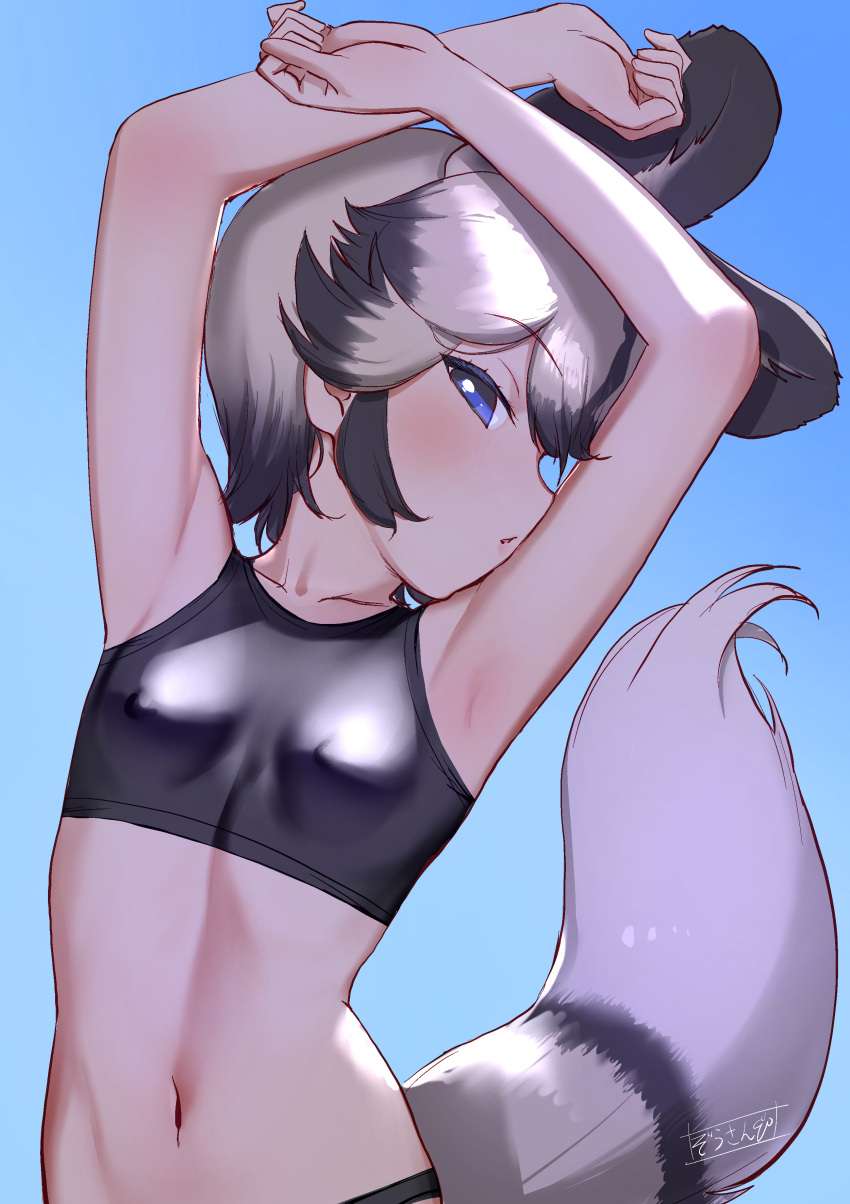 1girl absurdres african_wild_dog_(kemono_friends) animal_ears arm_over_head armpits arms_up bikini black_hair blue_skirt breasts covered_nipples day dog_ears dog_girl dog_tail extra_ears grey_hair highres kemono_friends light_blush looking_at_viewer masuyama_ryou multicolored_hair navel outdoors parted_lips purple_eyes short_hair sideways_glance skin_tight skirt small_breasts solo sports_bikini stomach swimsuit tail two-tone_hair upper_body