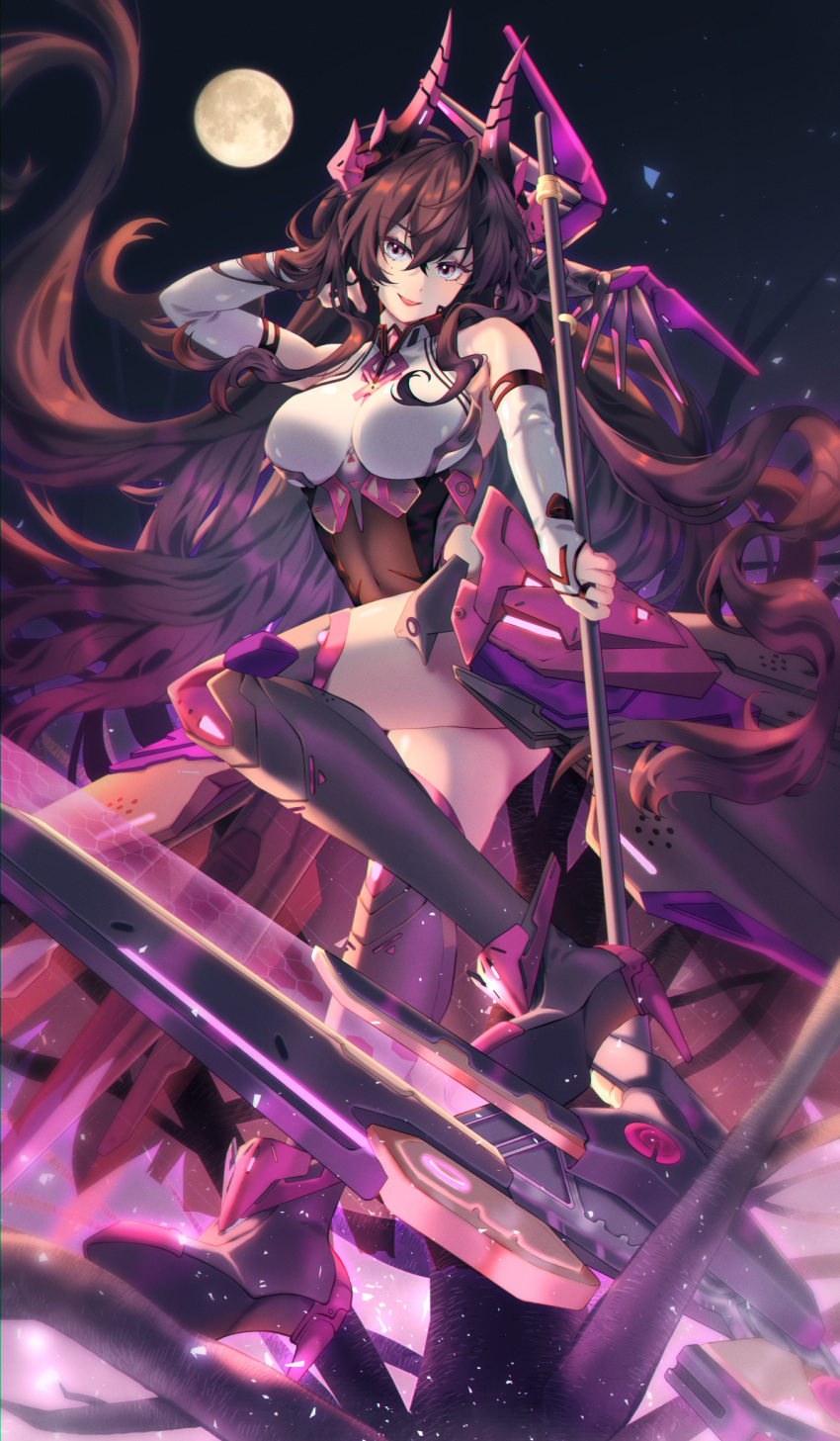 1girl :d ahoge armored_boots armored_leotard blue_eyes boots breasts bridal_gauntlets brown_hair full_body full_moon goddess_of_victory:_nikke hair_between_eyes hand_in_own_hair hand_up harran_(nikke) high_heels highres holding holding_scythe holding_weapon horns kac61010 large_breasts long_hair looking_at_viewer mechanical_horns mole mole_under_eye moon multicolored_eyes night night_sky purple_eyes scythe sky smile solo weapon