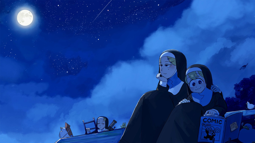 3girls bird blonde_hair blue_eyes book catholic chicken climbing closed_eyes cloud cloudy_sky clumsy_nun_(diva) diva_(hyxpk) duck english_commentary full_moon habit highres ladder little_nuns_(diva) moon multiple_girls night night_sky nose_bubble nun shooting_star sky star_(sky) star_nun_(diva) star_ornament strict_nun_(diva) telescope traditional_nun