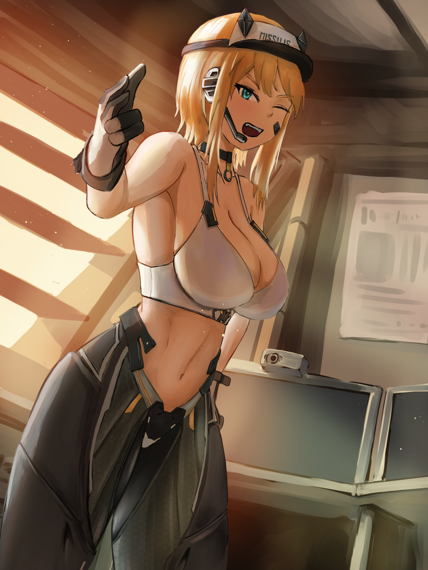 1girl ;d absurdres bandaid bandaid_on_cheek bandaid_on_face bangs bare_shoulders black_choker blonde_hair blue_eyes breasts chinese_commentary choker cleavage collarbone commentary_request covered_navel cowboy_shot earpiece gloves goddess_of_victory:_nikke hair_between_eyes hand_on_hip hand_up highleg highres indoors large_breasts looking_at_viewer maxwell_(nikke) mechanical_legs midriff navel one_eye_closed open_mouth orange_hair panzerboy short_hair_with_long_locks sidelocks smile sports_bra standing teeth textless_version toned two-tone_gloves upper_teeth_only visor_cap white_sports_bra