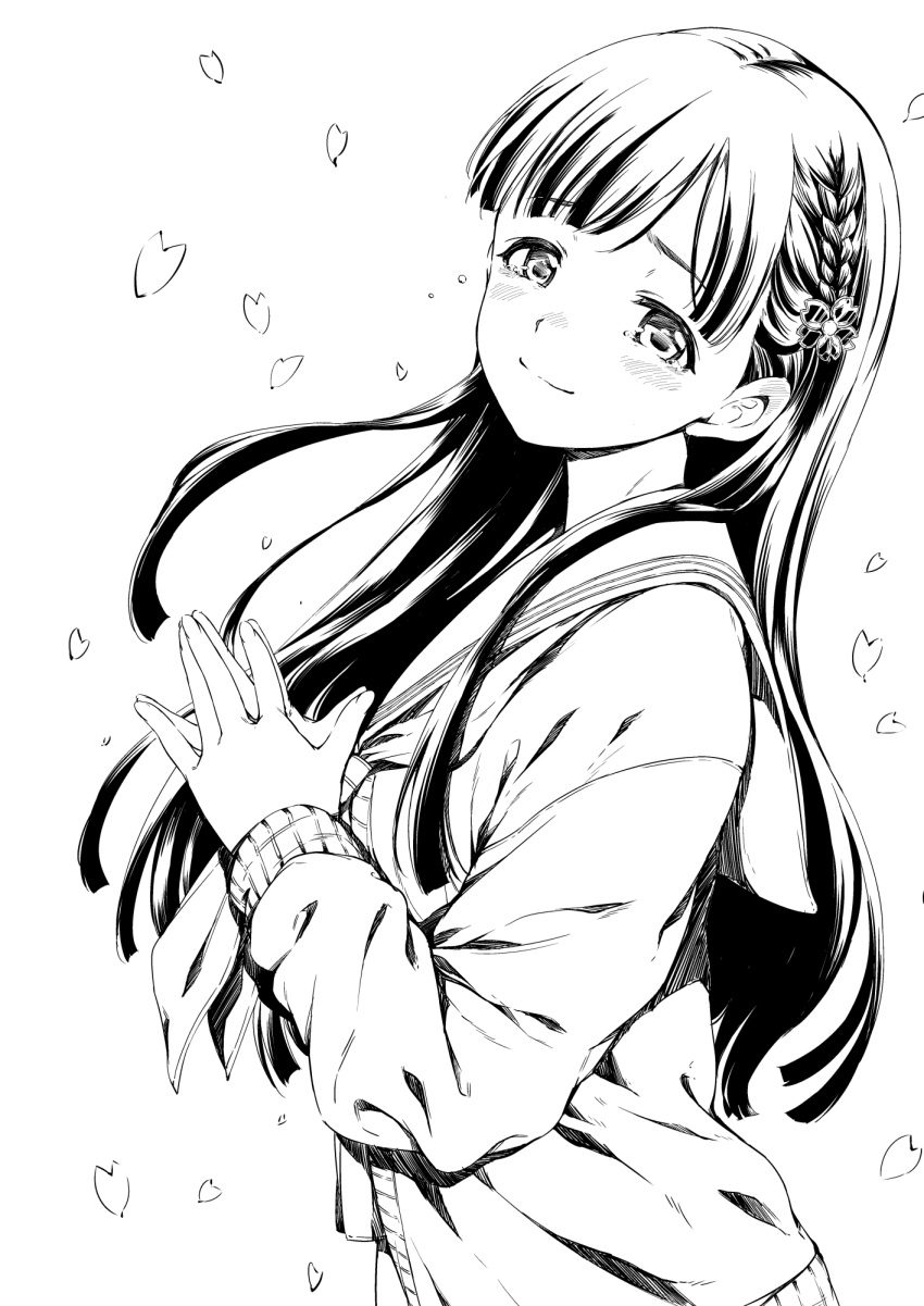 1girl blush braid cardigan flower greyscale hair_flower hair_ornament hamao highres idolmaster idolmaster_cinderella_girls kobayakawa_sae long_hair long_sleeves looking_at_viewer monochrome neckerchief own_hands_together petals sailor_collar simple_background smile solo steepled_fingers tearing_up upper_body
