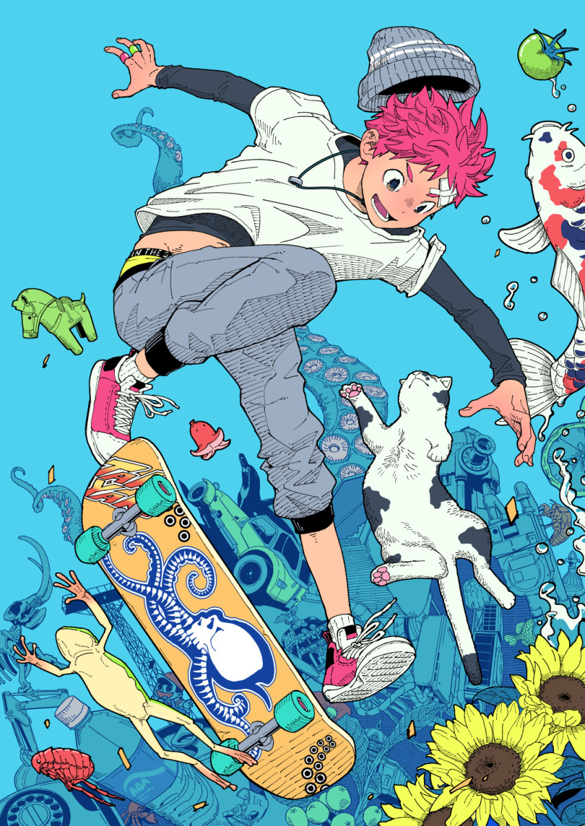 1boy bishounen blue_background bottle car cat character_request commentary copyright_request denim english_commentary fish floating flower food frog fruit highres jeans lower_teeth_only male_focus motor_vehicle original pants red_hair shirt skateboarding solo sunflower teeth water_bottle white_shirt zngo