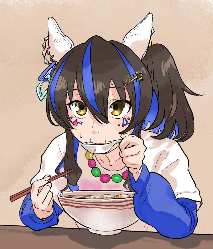 1girl animal_ears bead_necklace beads blue_hair blue_shirt bowl brown_hair chinese_spoon chopsticks closed_mouth colored_inner_hair daitaku_helios_(umamusume) e-ncyo ear_covers eating food hair_between_eyes hair_ornament hairclip highres holding holding_chopsticks holding_spoon horse_ears jewelry long_sleeves looking_at_viewer multicolored_hair necklace noodles one_side_up shirt shirt_under_shirt solo spoon sticker_on_face sweatdrop table two-tone_hair umamusume white_shirt yellow_eyes