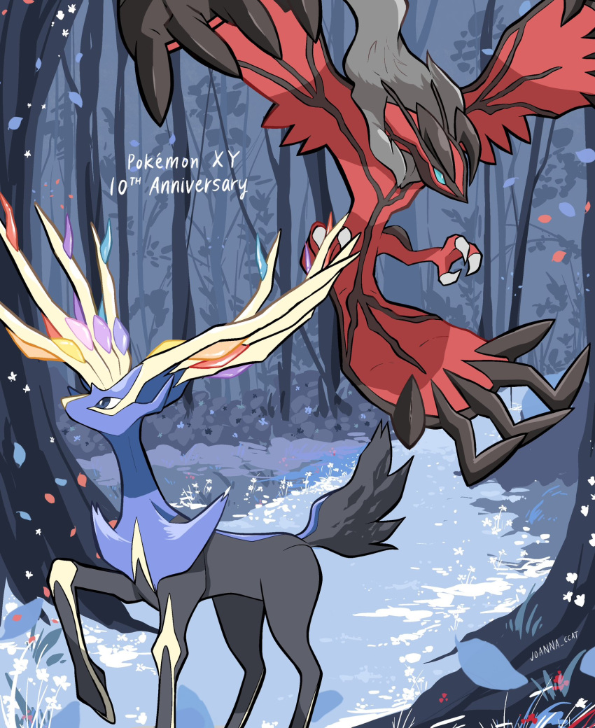 2023 ambiguous_gender black_body black_feathers black_fur blue_body blue_eyes blue_fur blue_sclera claws duo feathers feral forest fur generation_6_pokemon hi_res horn joanna_ccat legendary_duo legendary_pokemon multicolored_body multicolored_feathers multicolored_fur nintendo plant pokemon pokemon_(species) quadruped red_body red_feathers signature tail text toe_claws tree two_tone_body two_tone_feathers two_tone_fur wings xerneas yveltal