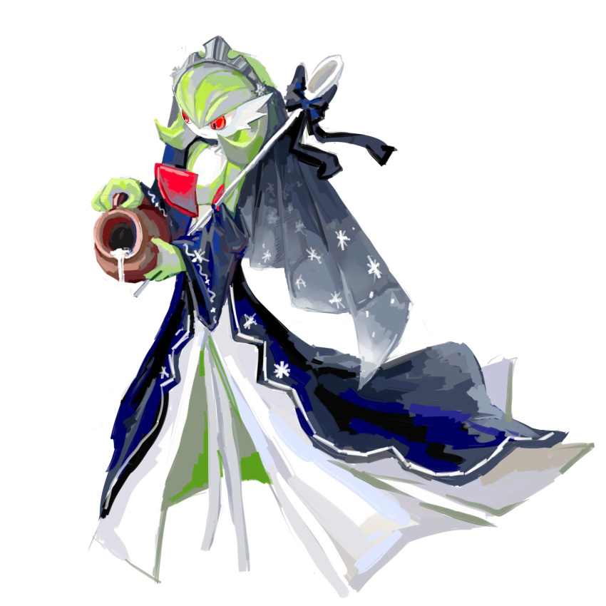 1girl :| black_bow blue_cape blue_sleeves bob_cut bow cape closed_mouth clothed_pokemon colored_skin commentary_request detached_sleeves expressionless flat_chest full_body gardevoir gardevoir_(royal_winter) green_hair green_skin grey_headwear hands_up highres holding holding_jar holding_staff jar looking_down multicolored_skin partial_commentary pokemon pokemon_(creature) pokemon_(game) pokemon_unite pouring red_eyes see-through short_hair simple_background sketch snowygold_wolf solo staff standing tiara two-tone_skin veil waist_cape white_background white_skin wide_sleeves