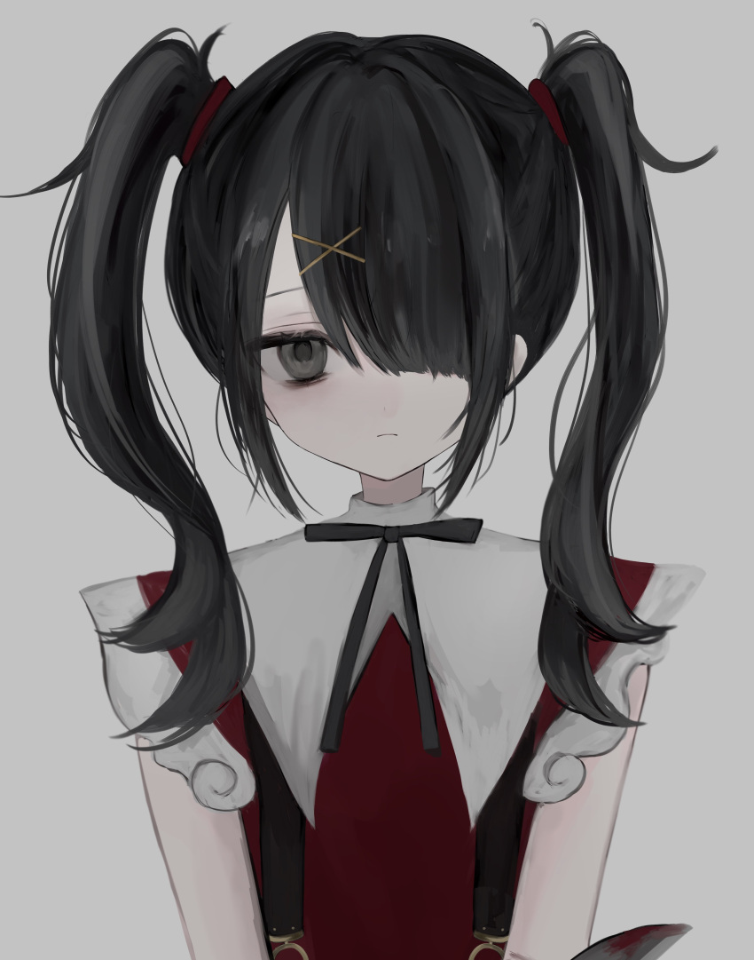 1girl absurdres ame-chan_(needy_girl_overdose) black_hair black_ribbon blood blood_on_weapon closed_mouth collar collared_shirt grey_background grey_eyes hair_ornament hair_over_one_eye hair_tie highres kanau_(u_u_zzx) knife long_hair looking_at_viewer neck_ribbon needy_girl_overdose red_shirt ribbon shirt simple_background solo suspenders twintails upper_body weapon white_collar x_hair_ornament