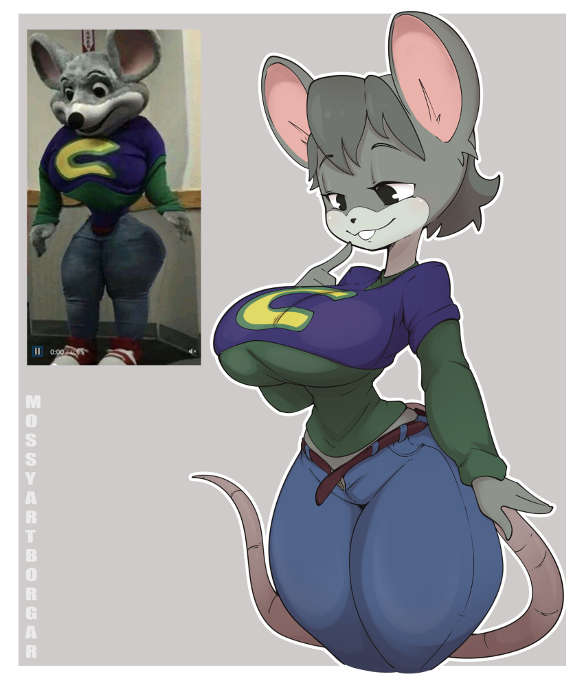 absurd_res anthro buckteeth charles_entertainment_cheese chuck_e._cheese's_pizzeria clothed clothing crossgender female hi_res mammal mascot mossyartburger mouse mtf_crossgender murid murine rodent shirt teeth thick_thighs topwear