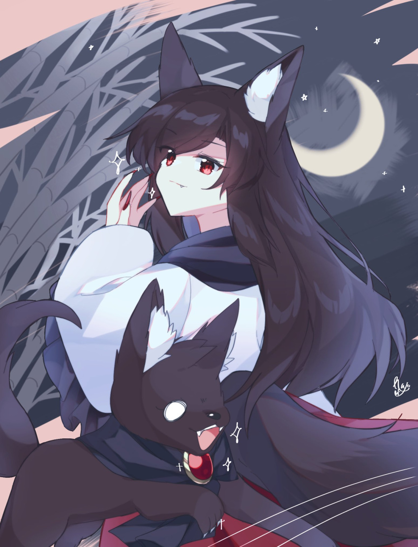 1girl animal_ear_fluff animal_ears bamboo brooch brown_hair crescent_moon dress dual_persona fang fangs fingernails highres imaizumi_kagerou imaizumi_kagerou_(wolf) jewelry long_fingernails long_hair long_sleeves looking_at_viewer moon one-hour_drawing_challenge red_dress red_eyes renge_kanatsuki sparkle tail touhou white_dress wolf wolf_ears wolf_tail