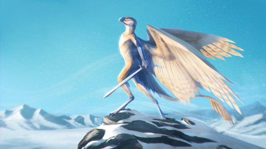 16:9 2023 accipitriform anthro artist_logo artist_name avian beak bird black_beak digital_media_(artwork) dream_(pilotwolfieee) eyes_closed feather_markings feathered_wings feathers fellfallow female hi_res holding_object holding_sword holding_weapon light logo markings melee_weapon mountain nude osprey outside rock scuted_feet scuted_hands scutes sky snow snowing solo spread_wings standing sunlight sword tail tail_tuft talons tuft weapon white_body white_feathers widescreen wind wings